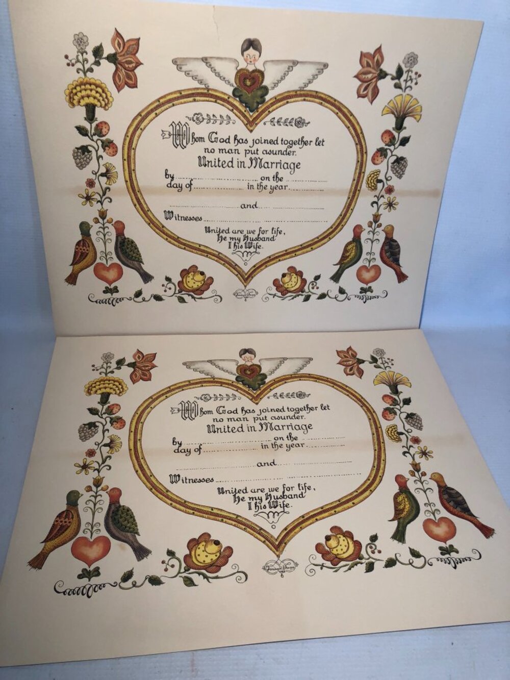 1961 Pennsylvania Dutch Marriage Certificate Folk Art Lot of 2